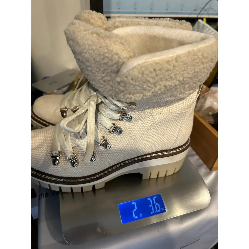 JLO Cream Faux Fur Snake Embossed Lace Up Hiker Boots SIZE 6 Winter Snow Outdoor